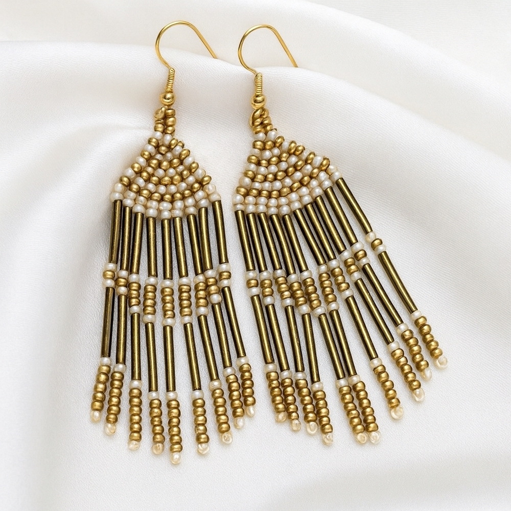 Women's Old Gold-tone Brown & White Beaded Chandelier Drop Dangle Long Earrings